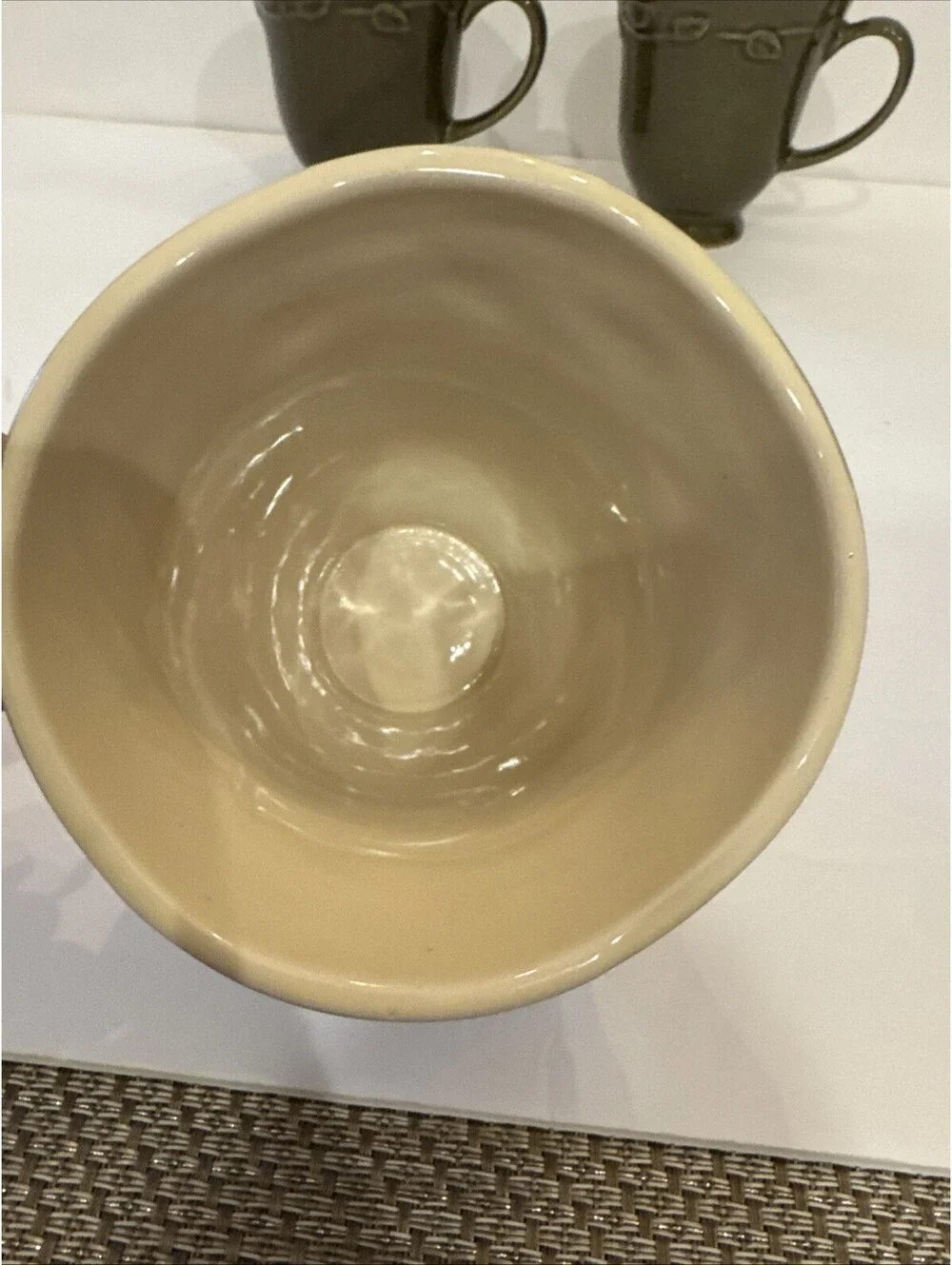 Pier 1 Imports Autumn Leaves (3) Footed Stoneware Mug Avocado 4.25” T By 4” W